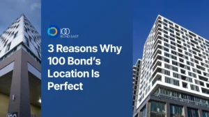 A split image features two modern, tall apartment or condo buildings in 100 Bond, Oshawa, under a blue sky. The central blue panel contains the text: "3 Reasons Why 100 Bond's Location Is Perfect."
