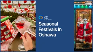 Holiday festival collage titled "Seasonal Festivals In Oshawa" featuring a festive drink and Santa Claus