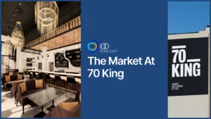 Collage titled "The Market At 70 King" featuring a modern bar and lounge interior with gold chandeliers and a black exterior wall with "70 KING" painted in white.