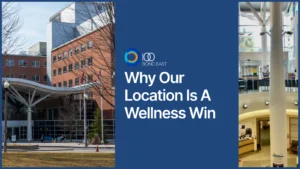 Modern hospital exterior and interior lobby titled "Why Our Location Is A Wellness Win."