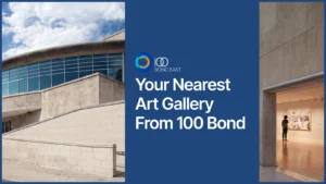 Exterior and interior view of The Robert McLaughlin Gallery with the text "Your Nearest Art Gallery From 100 Bond."