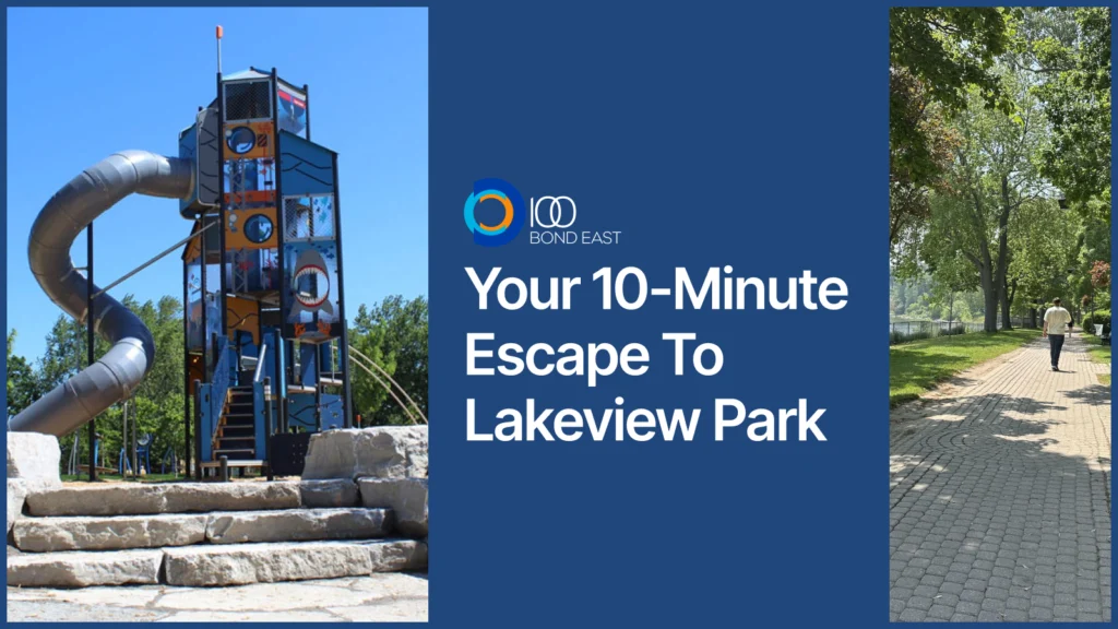 Modern playground tower with spiral slide and a tree-lined park path under sunny skies, promoting a quick escape to Lakeview Park.