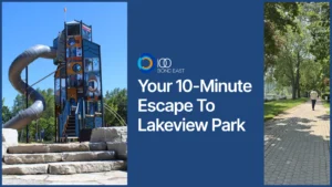 Modern playground tower with spiral slide and a tree-lined park path under sunny skies, promoting a quick escape to Lakeview Park.